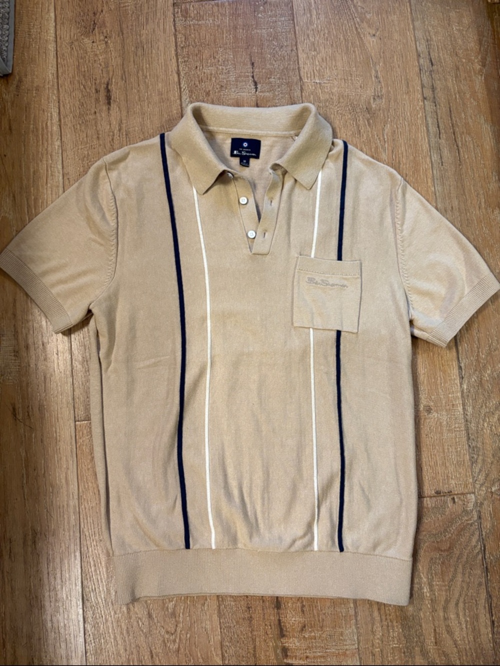 Ben Sherman Beige Polo with Navy and White Vertical Stripes